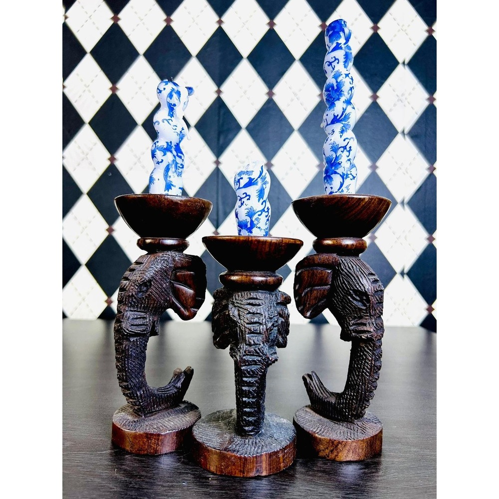 Hand Carved Zimbabwe Wooden Elephant Candle Holders Set of 3 African Safari - Picture 9 of 15